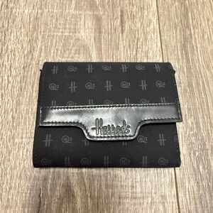 Harrods Knightsbridge black leather canvas logo tri fold wallet